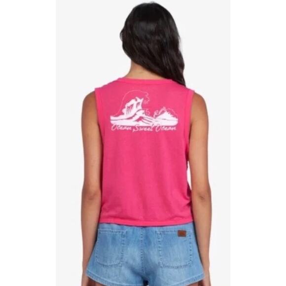 Roxy Women's Ocean Sweet Deep V-Neck Cropped Tee T-Shirt Tank Top in Hot Pink - Picture 1 of 7